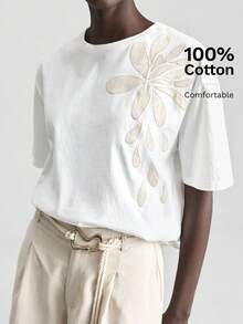 Ontre 2026春夏新款白色轻薄休闲T恤，优雅度假风，宽松舒适百搭，刺绣短袖圆领，简约时尚，适合毕业典礼等场合。 - 白色 - 查看 2