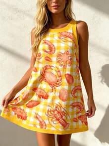 Vaclyn 女士休闲螃蟹格纹印花圆领无袖连衣裙 - 彩色 - 查看 4