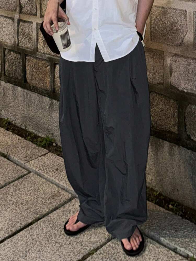 Long Solid Dark Grey Loose Fit Men's Pants