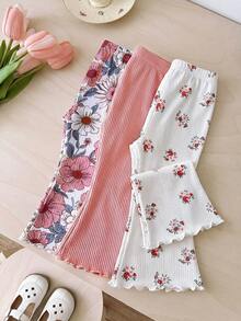 SHEIN 3pcs Baby Girl Knitted Solid Striped Casual Flare Pants Set - Multicolor - View 8