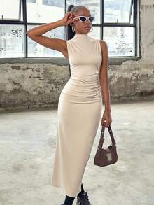 SHEIN Girlism Vestido sin mangas color albaricoque con pliegues en la cintura para adolescentes - Albaricoque - Ver 7