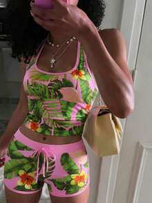 Vaytide Conjunto de camisola con cordón y bikini con adorno floral tropical para vacaciones en la playa - Rosa - Ver 5