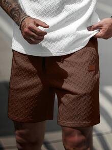 Manfinity CasualCool Men's Summer Jacquard Drawstring Shorts With Leather Patch, Thoughtful Gift For Boyfriend Or Husband - Coffee Brown - View 3