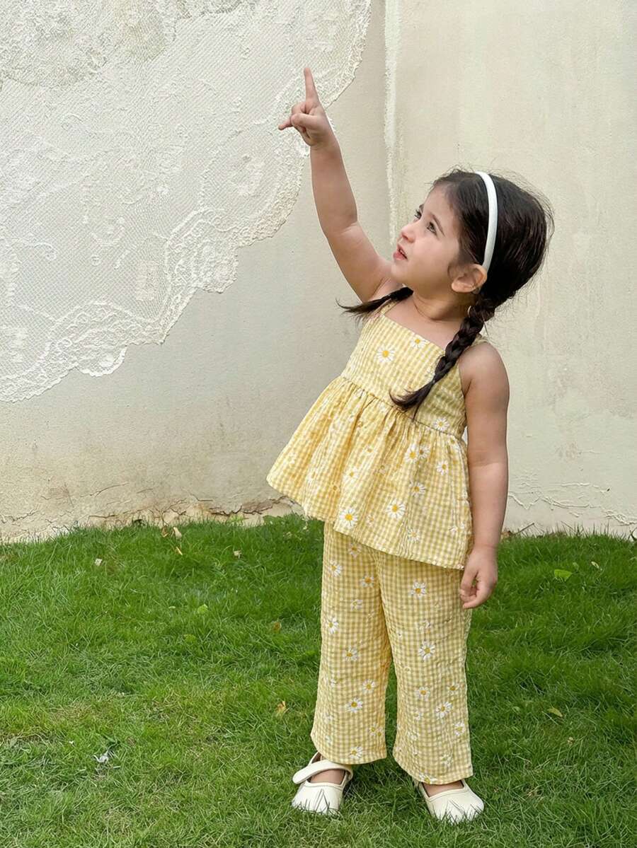 SHEIN LMoss Kids 女婴可爱碎花吊带背心和松紧腰裤套装,夏季 - 彩色 - 查看 1