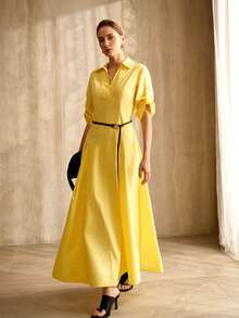 MOTF PREMIUM Damen 100% Baumwolle Kleid mit ausgestelltem Saum und Gürtel, Frühling/Sommer - Gänsegelb - Übersicht 6