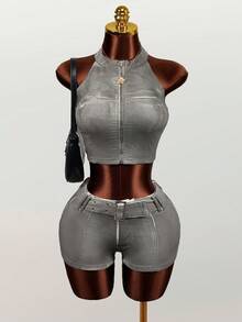 Mistrie Áo khoác gile denim cổ bẻ dáng ngắn có khóa kéo dành cho nữ - trắng - Xem 7