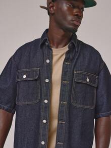 Musero Oversized Short Sleeve Collared Dropped Shoulder Contrast Stitch Double Flap Pocket Button Through Denim Shirt Spring Summer Essentials Holiday - Dark Wash - View 2