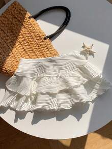 Comfortcana 白色夏季波西米亞風海灘度假女款雙層蛋糕裙，紋理布料荷葉邊裙擺配海洋鏈條，優雅派對風 - 白色 - 查看 2