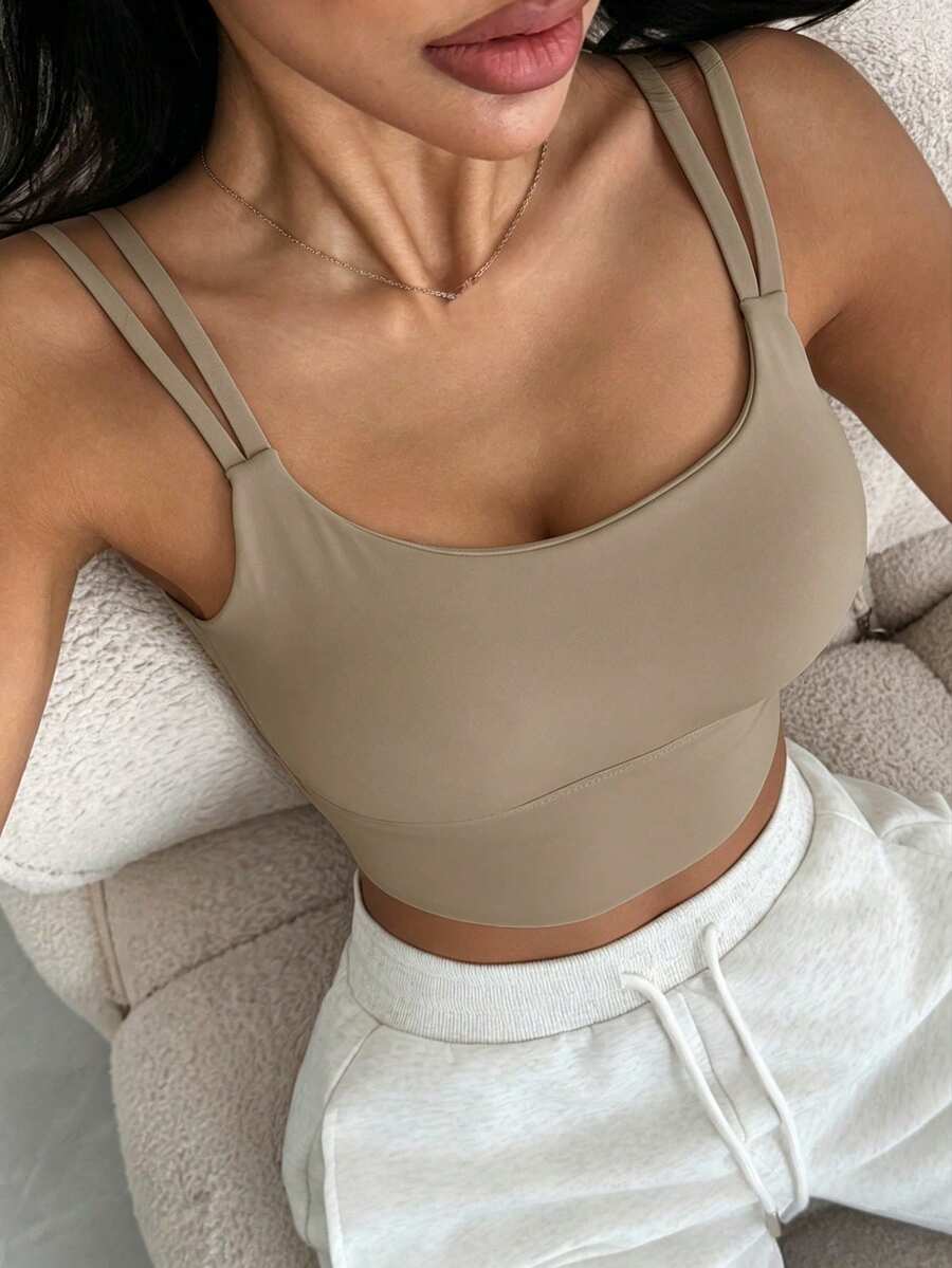 DAZY Lightweight Shaping Solid Color Minimalist Sports Bra, Can Be Worn Outerwear - Brown - View 1