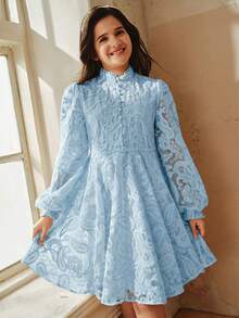 Anewsta Girls' Elegant 3D Lace A-Line Dress, Suitable For Children's Banquet, Birthday Party And Other Occasions, Spring/Summer - Blue - View 5