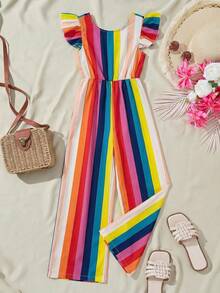 SHEIN Tween Girls' Casual Vacation Hollow Back Contrast Bow Cap Sleeve Ditsy Floral Romper - Multicolor - View 2