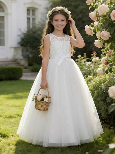 Vestido elegante y dulce con cuello redondo y pliegues para niña preadolescente, ideal para vacaciones