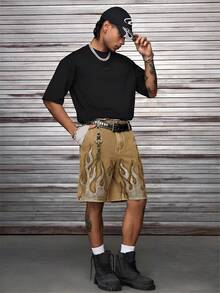 AXEPEAK Men's Rhinestone Decorated Fashionable Denim Shorts - Khaki - View 7