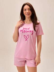 Loomlin Ensemble de pyjama décontracté d'été en 100% coton pour femmes, composé d'un t-shirt de nuit à manches courtes avec motif "Good Morning" et cœur, et d'un short de nuit à taille élastique confortable et décontracté - Rose bonbon - Voir 3