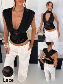 Siren Gaze New Summer Style Women's Top With Two-Way Lace Trim, Sexy Backless Halter Neck Lace V-Neck Top, Sleeveless Slim-Fitting Sheer Mesh Short T-Shirt, Elegant Women's Top. Tops For Women Summer Cute Women Summer Outfits Sexy Tops For Ladies - Black - View 8