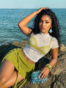 Slaydiva 2026春夏新款休闲街头风修身网纱印花荷叶边短袖上衣+仿针织侧边流苏拼接半裙女装两件套。适合日常穿着、约会、情人节、度假、旅行、机场穿搭、早午餐穿搭、派对、性感街头风，Y2K-B - 綠色 - 查看 6