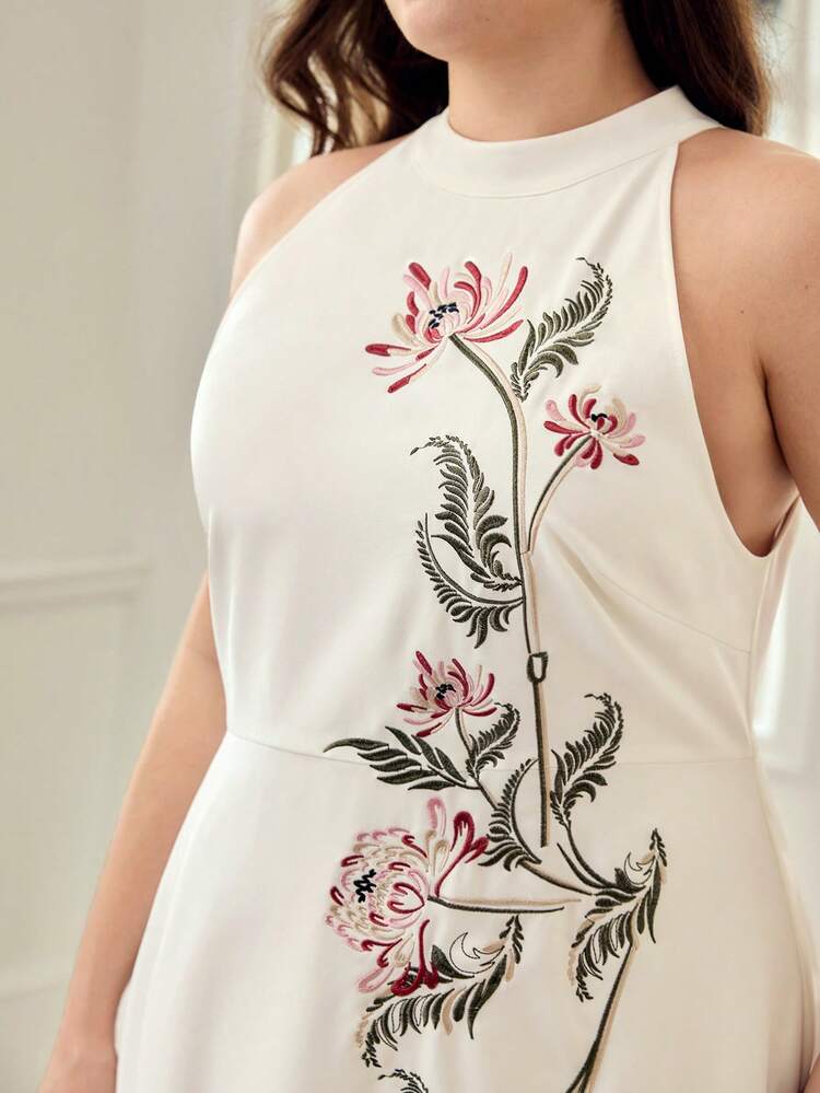 PLUS SIZE WOMEN'S SOLID COLOR SUMMER EMBROIDERED SLEEVELESS WAIST CINCHED ELEGANT DRESS