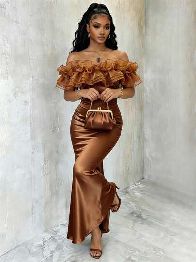 Eryvara Women's Elegant Solid Color Shiny Mesh Off-Shoulder Bandeau Patchwork Satin Mermaid Dress, Spring/Summer Luxury Dresses For Women Birthday Dresses For Ladies Evening Dresses Latest Dress Brown Dresses For Women