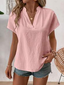 EMERY ROSE Áo sơ mi nữ tay ngắn cổ chữ V màu trơn kiểu dáng thường ngày - Màu Hồng baby - Xem 4