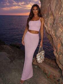 SHEIN Glamour Set de 2 piezas de suéter elegante de punto rosa para mujer, conjunto de suéter estilo playa - Rosa - Ver 10