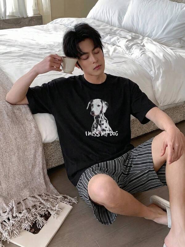 DAZY 男士多色字母印花短袖T恤和短裤睡衣套装