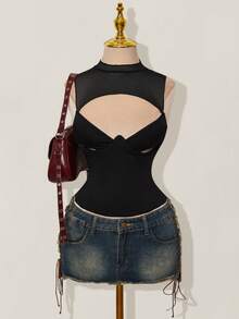 SHEIN ICON 网眼拼接不规则镂空钢圈女式背心 - 黑色 - 查看 9