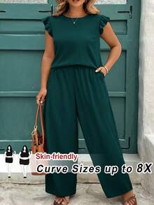 SHEIN CURVE+ 春夏女式卡其色荷叶边短袖衬衫+松紧腰阔腿裤两件套，优雅日常穿搭，适合大码身材，夏季女装 - 綠色 - 查看 6