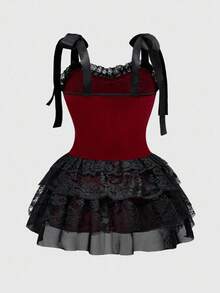 ROMWE Goth 夏季哥特复古宫廷风撞色蕾丝边十字架吊坠加大码女式吊带连衣裙 - 黑色 - 查看 2