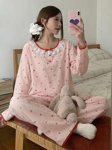 DAZY 2pcs Sweet Ditsy Floral Embroidered Ruffle Collar Contrast Trim Loose Pajama Set For Women, Spring - Baby Pink - View 6