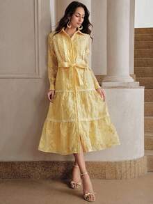 Anewsta 女士优雅甜美法式白色蕾丝边长袖连衣裙，适合春夏穿着 - 黃色 - 查看 5