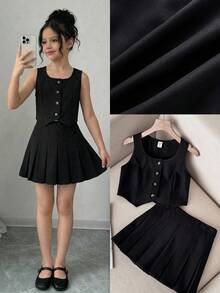 Firerie Kids Conjunto de 2 piezas versátil y cómodo para niña preadolescente, con top corto sin mangas minimalista y lujoso, combinado con falda mini plisada - Negro - Ver 8