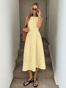 SHEIN LUNE 蓝白条纹无袖A字中长连衣裙，收腰设计，休闲度假风，采用透气棉质面料制成 - 彩色 - 查看 1