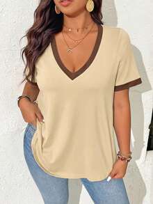 SHEIN Frenchy Áo thun nữ cỡ lớn cổ chữ V tay ngắn phối màu tương phản, kiểu dáng thường ngày, đa năng. - Màu be - Xem 3