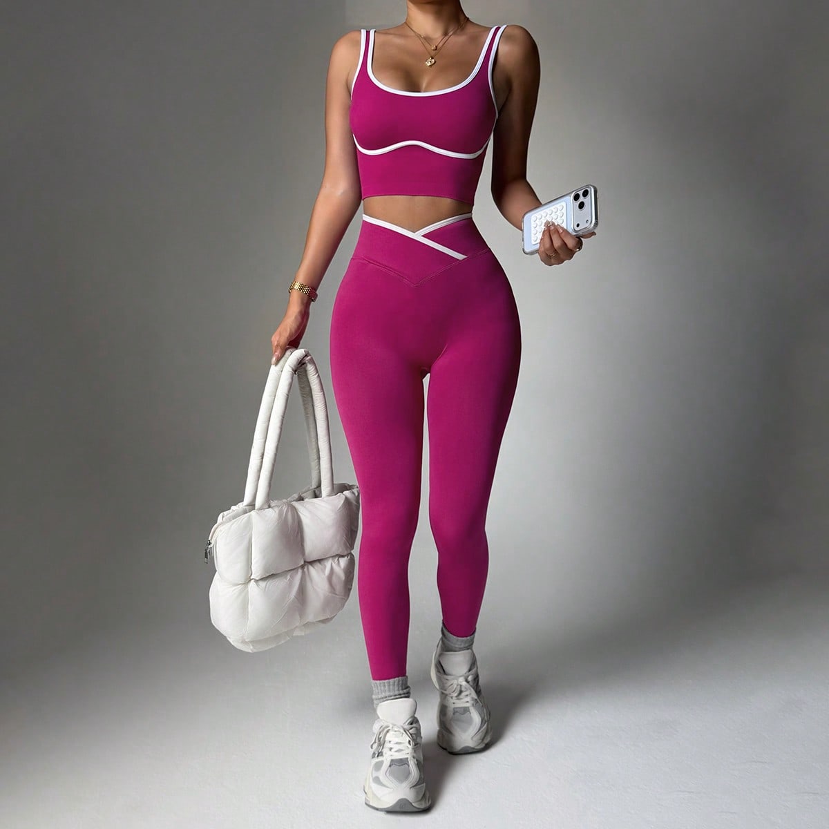 Conjunto de ropa deportiva de yoga sin costuras de color contrastante para mujer