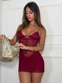 Ronhire Rochie mini bodycon sexy din dantelă, cu imprimeu scobit, cu bretele spaghete, pentru ieșiri în oraș - Burgundia - Vizualizare 5