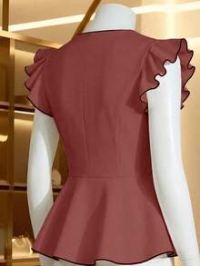 SHEIN LUNE 女士优雅撞色滚边荷叶边袖口纽扣修身衬衫，适合日常穿着和通勤。 - 西瓜粉 - 查看 4