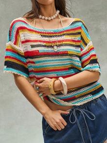 Bohemela Women's Colorful Striped Asymmetric Neck Knit Sweater - Multicolor - View 8