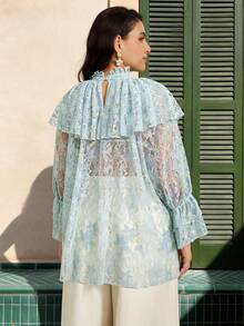 VOLUPTÉ CURVE Plus Size Blue Lace Ruffle Trim Sheer Blouse - Blue - View 2