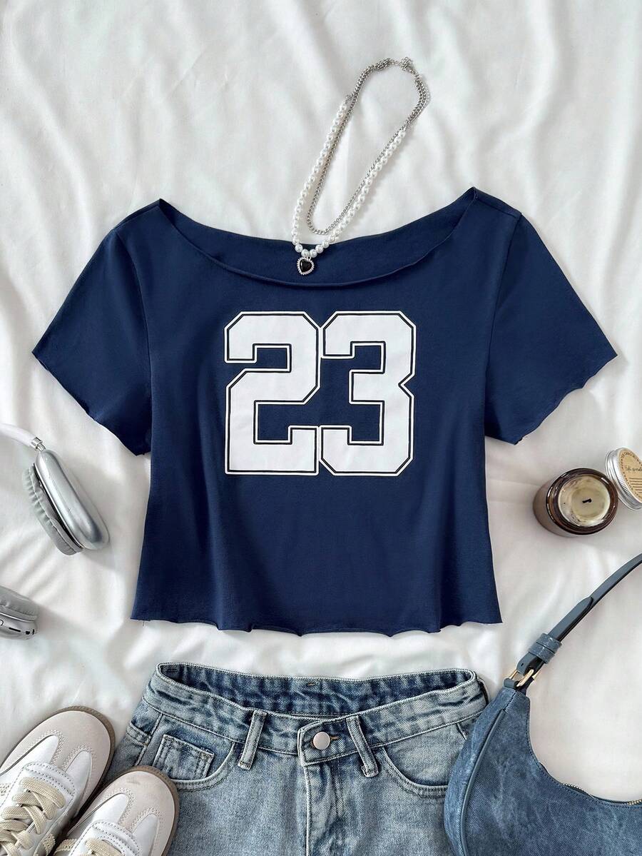 Teen Girl Casual Royal Blue Knitted Slogan Cold Shoulder Printed Short Short-Sleeved Fitted Top, Spring And Summer, Cool, Basic, Daily, Versatile, Sports Fashion Summer Tops, Back To School Season, School Uniforms~ Mothers Day Outfit Graduation Summer Tops Suitable For Spring & Summer Daily, Outing, Vacation, Holiday Wear, Stylish Girls, Casual Wear, New Style, Homecoming, Chill Vibe Outfits, Back To School, Girly Style T Shirt - Navy Blue - View 1
