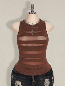 SHEIN ICON 大码女式Y2K透视做旧性感吊带背心 - 棕色 - 查看 3