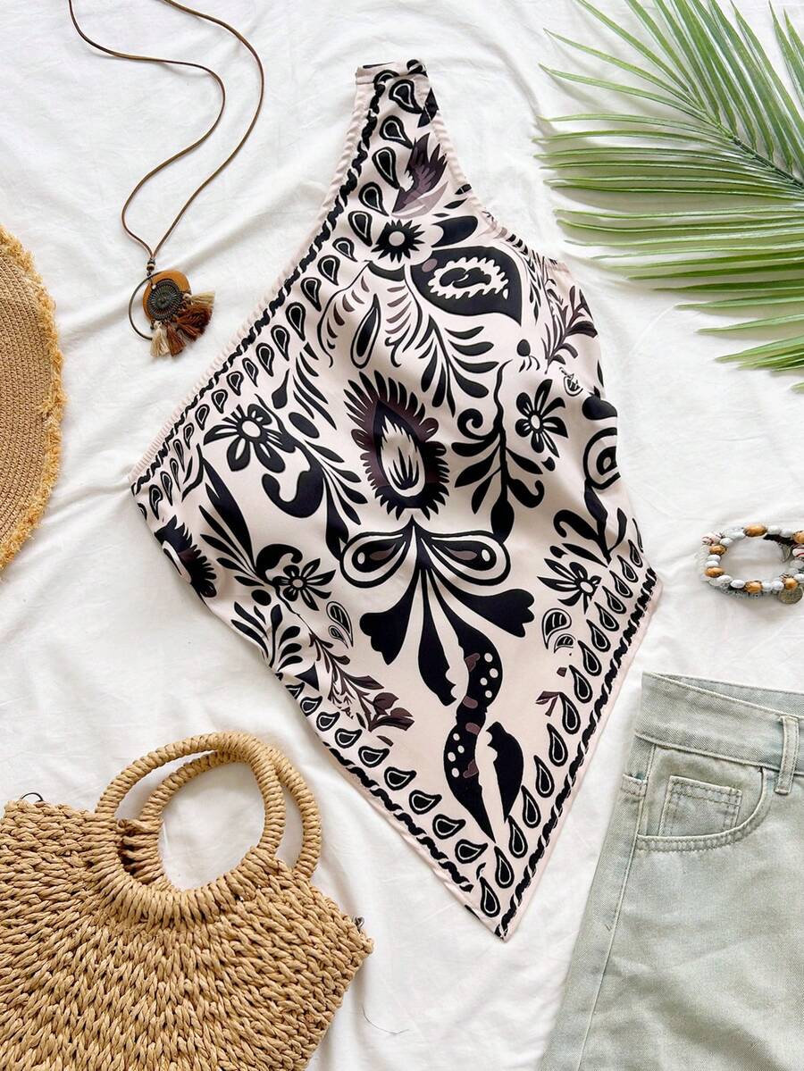 Soleia Plus Size New Asymmetric Neck Backless Summer Boho Floral Print Top For Women, Vacation Holiday Beach Vacation Party Festival Beige
