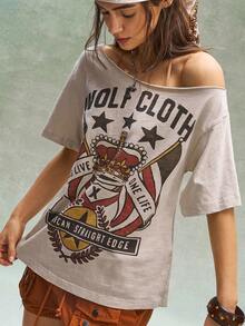 Bohemela 女士休闲纯色针织不对称肩短袖宽松T恤 - 杏色 - 查看 1