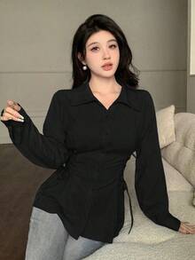 Modelyn 女士休闲抽绳系带纯色衬衫，简约百搭，适合日常通勤，春秋季 - 黑色 - 查看 5