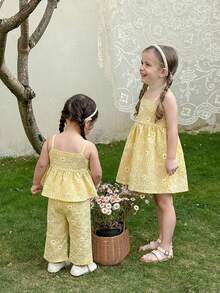 SHEIN LMoss Kids 女婴可爱碎花吊带背心和松紧腰裤套装，夏季 - 彩色 - 查看 2