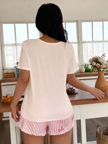 Napfluff SweetSlumber Bow & Cherry Print Short Sleeve Top With Striped Shorts Women Pajama Set - Apricot - View 2