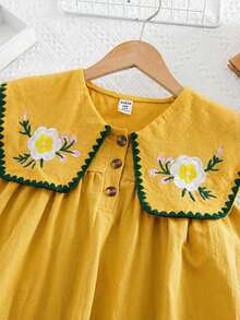 SHEIN Tween Girls/Tween Girl Girls Pastoral Floral Embroidered Pattern Ruffle Collar Puff Sleeve Dress,Versatile Round Neck Trim Contrast Color - Yellow - View 7