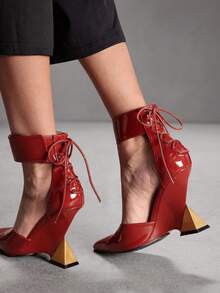 CUCCOO SZL 女士尖头系带时尚百搭不对称高跟鞋 - 紅色 - 查看 9