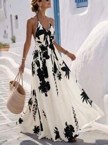 SHEIN Franclia Đầm nữ cổ chữ V, không tay, hở lưng, thắt eo, nơ, chất liệu vải dệt in kỹ thuật số, dáng chữ A, phù hợp mặc hàng ngày và đi nghỉ mát biển. Đầm hè nữ phong cách Boho, trang phục đi biển, trang phục nghỉ dưỡng, đầm đi nghỉ mát, trang phục mùa hè cho nữ, đầm đi biển. - Nhiều màu - Xem 4