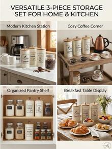 3件套竹盖密封咖啡糖茶储物罐套装3件套创意密封防潮厨房密封罐返校 - 彩色 - 查看 5