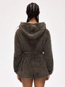 Rest Era Women's Raglan Sleeve Long Sleeve Drawstring Hooded Fluffy Sweatshirt And Shorts Lounge Set, Winter Clothes - Multicolor - View 2